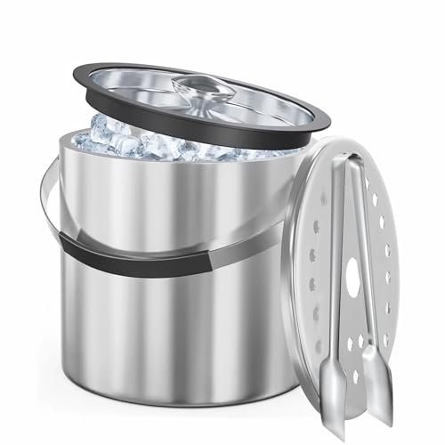 3L Eiswürfelbehälter mit Deckel und Zange,Doppelwandig Isoliert Edelstahl Eiswürfelbehälter,Eiskübel für Eiswürfel Ideal zum Kühlen von Bier Champagner Wein und Obst