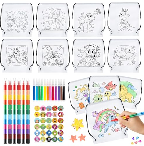 TOYTOPIE 12 Bolsas para Colorear con Cordón para Niños con 6 Ceras de Colores Apilables para Niños, 12 Rotuladores y Pegatinas, para Regalos Cumpleaños Colegio Bolsas de Tela para Pintar