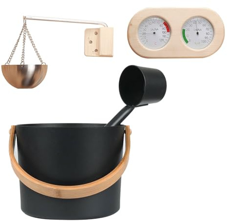 Seau de sauna en aluminium finlandais - seau de bain de vapeur de luxe 7L, cuillère à louche à poignée longue | Ensemble hygromètre de thermomètre, accessoires résistants à la chaleur pour les rituels