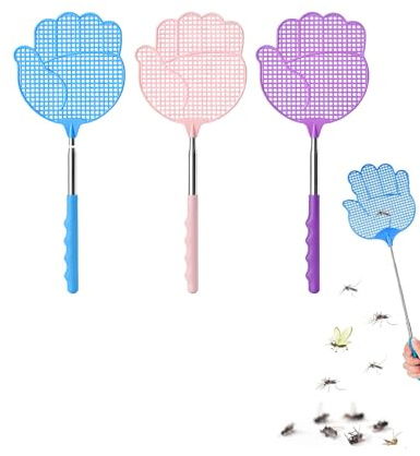 JIRVEX 3 unidades matamoscas telescópico resistente 28–65 cm con mango de acero inoxidable en forma de mano, fly swatter extensible para hogar, balcón, jardín, camping, azul, rosa, lila