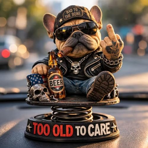 Too Old To Care Bulldog Bobblehead, Funny Resin Nodding Dog Ornament, Tough Bulldog Bobble Head Figure, Stable Car Dashboard Decor for Pet Lovers, Mini Dashboard Dog for Car Decor &Beer Day