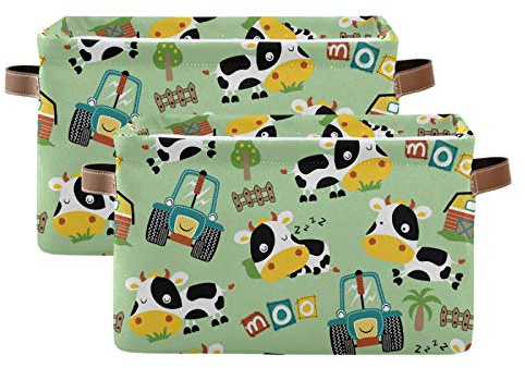 xigua Funny Cow In Farm Yard Large Storage Basket, Foldable Storage Basket, Waterproof Coating Storage Box with Handle Toy Storage Bag, for Home School & Office, 2PCS