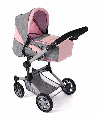 Bayer Chic 2000® 3in1 Kombi Puppenwagen Jara – Melange Grau Rosa – faltbar, höhenverstellbarer Griff 47-78 cm – Tragetasche – Puppen bis 52 cm, 4-8 J.