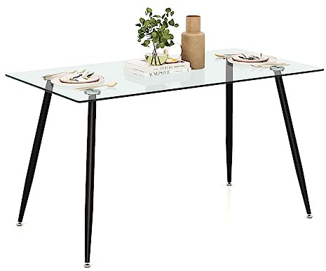 Tangkula Glass Dining Table, Modern Rectangular Table with Tempered Glass Tabletop & Black Steel Legs, Simplistic Kitchen Versatile Table for Home Office