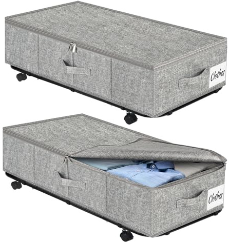 Kukikan Unterbett Aufbewahrungsbox mit Rollen & 3 Griffen, 2er Set Faltbare Unterbett Kommode 50L, Faltbare Aufbewahrungsbox mit Metallrahmen für Kleidung, Schuhe, Bettdecken, Decken