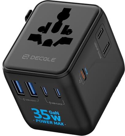 decqle “Pro” Universell Reseadapter med 3 USB-C(GaN 35W) ＆ 2 USB-A | Internationell Reseadapter, INGEN Spänningsomvandlare, för Tyskland, USA, England, Australien ＆ 200+ Länder (Svart)
