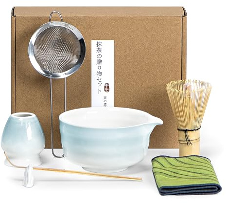 JoryHeim Matcha Set 7-teilig | Inkl. Bambusbesen(Matcha Whisk), Matcha Schale, Teelöffel, Sieb, Matcha-Besenhalter, Teelöffelhalter & Teetuch,Perfekt für Matcha-Zeremonie, Verlaufblau