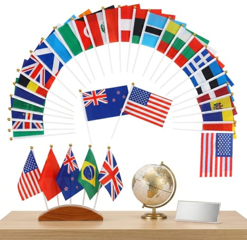 TBCDS 42 Pièces Drapeau Petit Pays avec Poteau, Petit Drapeau, Drapeaux des 42 Nations Qualifiées, Drapeaux du Monde, pour Événements Sportifs, Festivals
