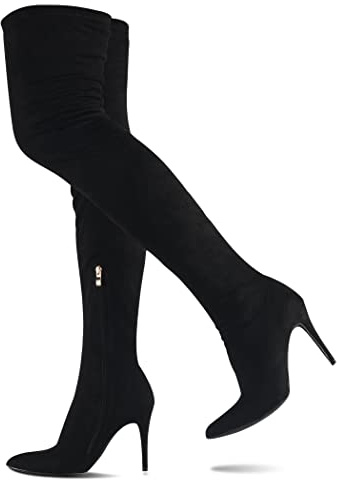 CAMSSOO Black Knee High Boots Fashion Pointed Toe Thigh High Boots Stiletto High Heel Side Zipper Tall Boots Elasticity Black Suede Boot Size 7