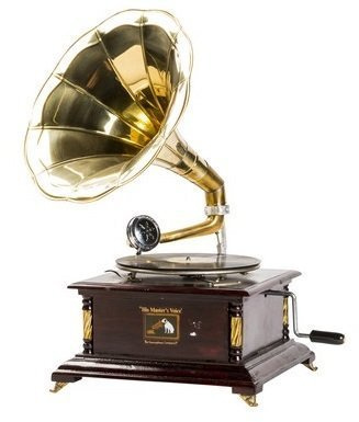 Arterameferro Grammofono con Tromba in Ottone HIS MASTER'S VOICE Riproduzione Quadrato con Inserti in Legno e Ottone