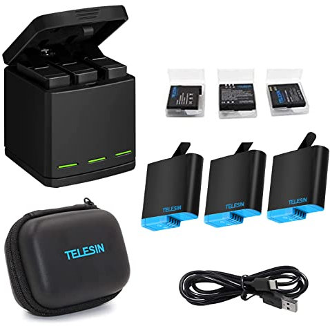 TELESIN Battery Charger for Gopro Hero 8 black,Hero 7 6 5 Black,3-Channel Battery Charging Storage Box with 3 Batteries Pack+Storage Cases+USB Type-C Cable+Mini Bag