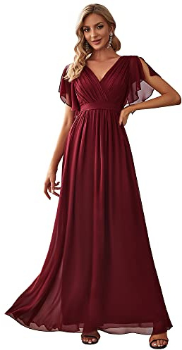 Ever-Pretty Women's V-Neck Short Sleeves Chiffon Floor Length Prom Evening Dress for Women Bridesmaid Burgundy 14UK