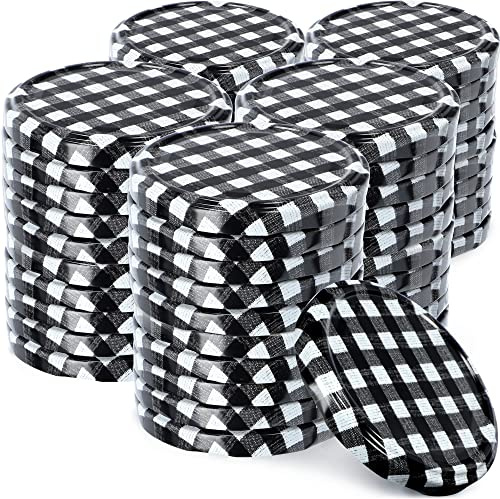 KADAX Jar Lids Ø 82 mm, Secure Metal Lids with Six Threads, Jar Seals Replacement, Twist Off Closure for Pickling and Preserving (Black Grid, Set of 50)