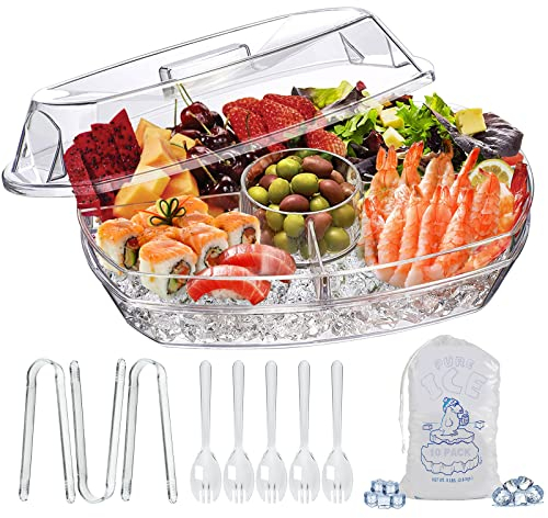 LIMOEASY Chilled Serving Tray, 15 Clear Plastic Party Platter with 4 Compartments, Ice Serving Bowl with Lid, Shrimp Cocktail Serving Dish, Cold Food Buffet Server for Fruit, Veggie, Appetizer, Sushi