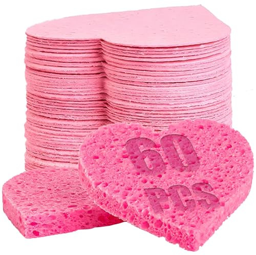 60-Count Compressed Facial Sponges | Makeup Remover Sponge | 100% Natural Cosmetic Spa Sponges for Facial Cleansing | Exfoliating Mask | Face Scrubber (Heart)