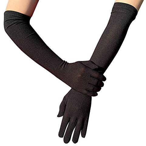 PTNKUIIY Damen Lange Abendhandschuhe, Milchseide Opernhandschuhe, 1920er Stil Elastisch Ellenbogen Handschuhe Für Frauen, Fasching, Karneval, Tanzen, Schwarz