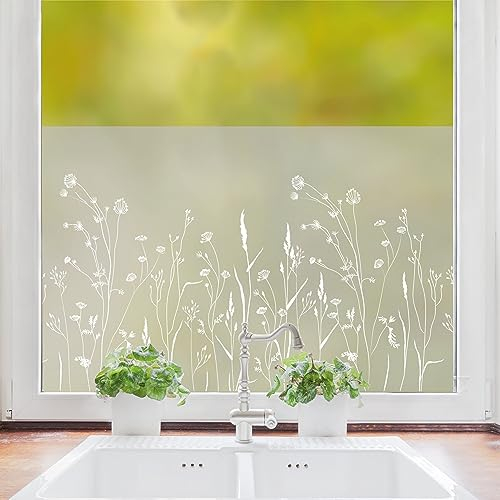 Wandtattoo Loft Sichtschutzfolie Fenster mit Wilder Blumenwiese Motiv, Fensterfolie Blickdicht, Milchglasfolie Fensterdeko Selbstklebende Folie, Fenster Dekoration Gräser, Fenster Klebefolie