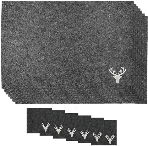 CULT at home Filz Tischsets Hirsch 45 x 30 cm und Glasuntersetzer 10 x 10 cm - 6 x Placemats und 6 x Coasters – dunkel grau anthrazit - Deko Tischdeko Weihnachten Advent