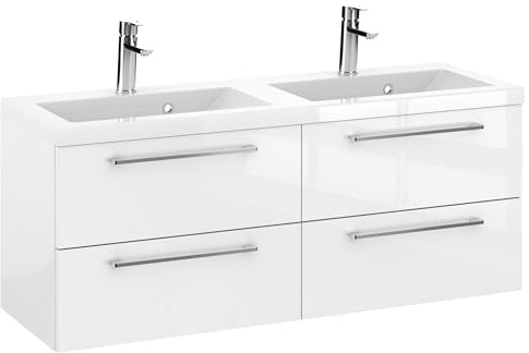 Furni Rosen 120 cm Hängend Doppelt Badezimmerschrank mit 2 Waschbecken und Glänzenden Chromgriffen Waschbeckenunterschrank Badezimmer Waschtisch mit Unterschrank Waschtischunterschrank