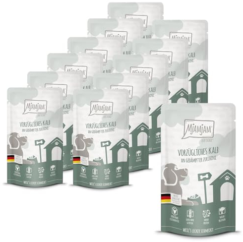 MjAMjAM - Premium Nassfutter für Hunde - Quetschie - vorzügliches Kalb an gedämpfter Zucchini, 12er Pack (12 x 125g), getreidefrei mit extra viel Fleisch