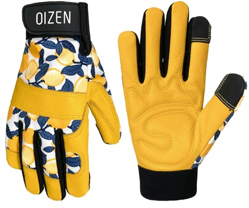 Guantes de Jardinería de Cuero de Vaca Resistentes a Espinas para Mujeres, Guantes de Trabajo Compatibles con Pantalla Táctil para Desmalezado, Plantación, Regalos de Jardinería (limón, 1 par, L)
