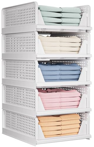 TidyIsles Wardrobe Storage Organiser - 5 Pack Folding Closet Organisers, Stackable Storage Boxes, Plastic Drawer Organiser Basket for Bedroom Kitchen Bathroom White | Folding Stackable Storage Boxes, Plastic Drawer Organiser Basket for Bedroom Kitchen Bathroom White