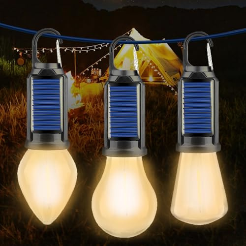 MODOAO Wiederaufladbare LED-Camping-Lampe, 3 Stück, LED-Camping-Laterne, Retro-Leuchtmittel, 3 Lichtmodi, Solar-Hänge-Zelt-Glühbirnen mit Clip-Haken, für Zelte, Camping, Wandern, Angeln