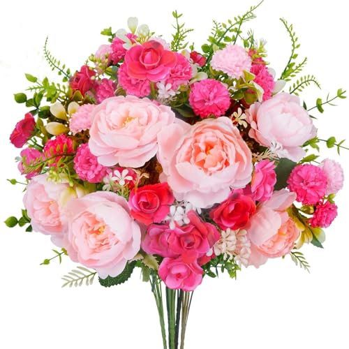 Zythrem Artificial Flowers Pink Fake Peonies Rose Bouquet Faux Pink Peonies Mix Small Roses Flowers Bouquets Fake Spring Flowers for Wedding Party Home Hotel Table Centerpieces Floral Arrangement Cake