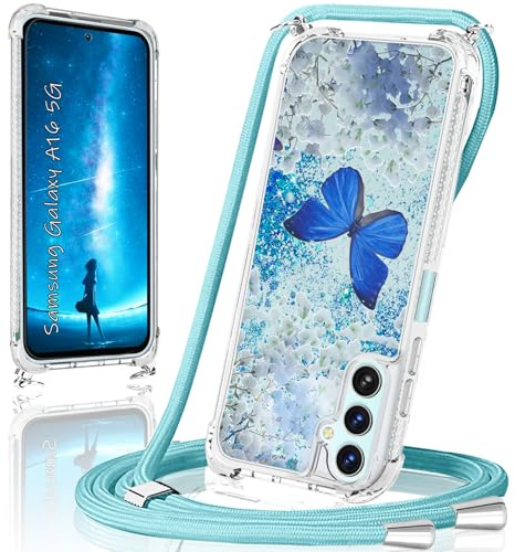 XCYYOO Handykette für Samsung Galaxy A16 5G Hülle mit Band,Handyhülle für A16 5G Samsung Glitzer Schmetterling mit Kette TPU Bumper Kratzfest Transparent Stoßfest Schmetterling Schutzhülle mit Kordel