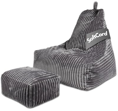 PatchHome Deluxe Cord sittsäck lounge fåtölj – gaming saccosäck set med fotpall – bekväm manchesterfåtölj med fyllning – vardagsrum och sovrumsmöbler (grafit, XL – sittsäck pallset)