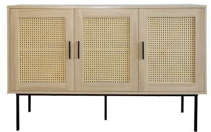 Box and beyond - Buffet - 120 x 40 x 76 cm - Cannage et Bois - 3 Portes - Rangement Élégant et Pratique - Salon, Salle à Manger - Style Bohème