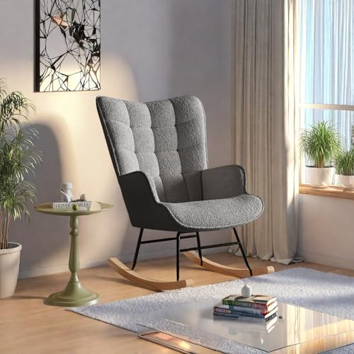 Aneutr Fauteuil a Bascule avec Repose Pied, Chaise à Bascule Allaitement, Rocking Chair Coussin Lombaire et 2 Poches latérales, Pieds en Bois Massif pour Chambre, Salon (Piquage Gris foncé)