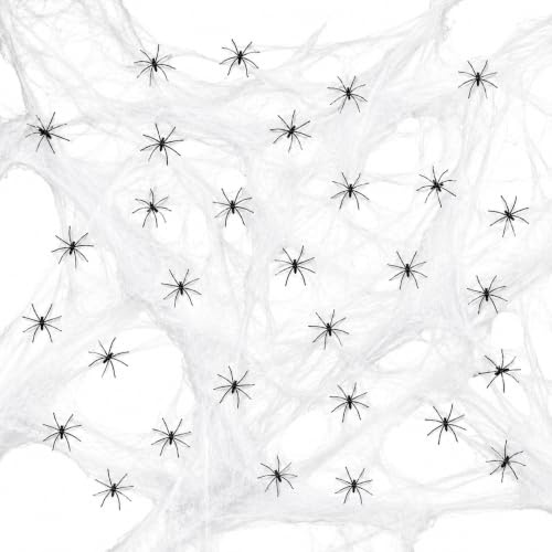 CYMYGS 60g Halloween Spider Web Decorations, with 30 pcs Small Fake Spiders | Stretchable Cobwebs,Decorations Indoor,Outdoor Scary for Lawn Yard Garden Bar Haunted, Home Garden Party