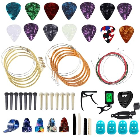 TOATELU Gitarren-Zubehör-Set: 3 Gitarrensaiten, 16 Plektren, 5 Fingerplektren, 2 Sets Kunststoff-Stifte und Saitenkegel, Reparatur-Werkzeugset