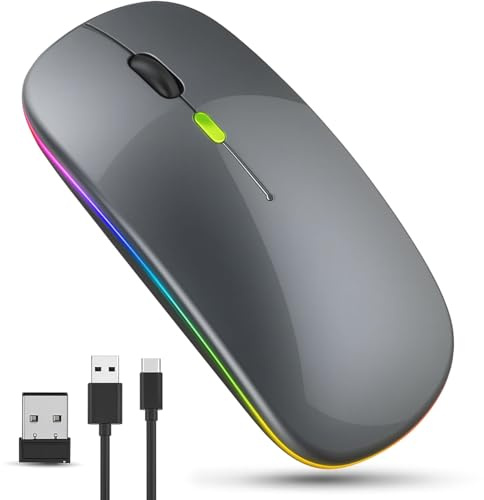 Raton ​Inalambrico Recargable, Ratón silencioso Retroiluminado de 7 Colores con Mini Receptor USB de 2,4 GHz, Raton Gaming, Compatible con TV, Laptop, PC, Ordenador, Chromebook, Notebook, Gris