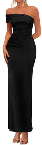 PRETTYGARDEN Women's 2026 Wedding Guest Cocktail Dresses One Off the Shoulder Ruched Bodycon Formal Maxi Party Summer Outfits (Black,Small)
