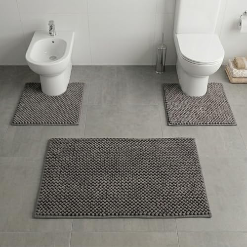 SUSANNA HOME DESIGN Set 3 Tappeti per Bagno Nero Antiscivolo Super Assorbenti in Ciniglia – Parure Tappetino Doccia o Vasca, Tappeto Bidet, Tappeto WC, OEKO-TEX