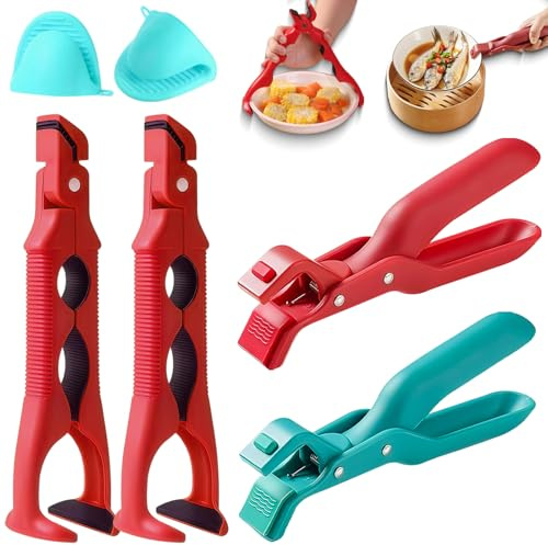 4PCS Hot Plate Grippers, Anti Scald Bowl Clip, Bowl Dish Plate Grabber Clips Tongs Clamp Holder with 2 Silicone Sleeves, New Hot Plate Grippers Tongs for Air Fryer, Oven & Microwave