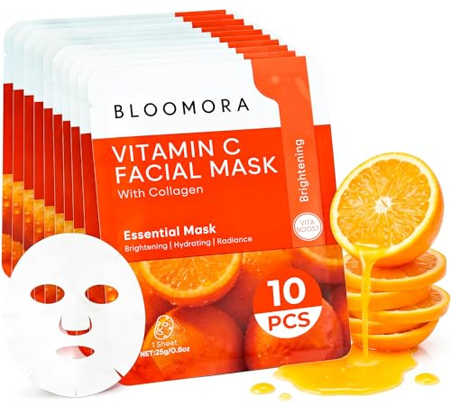 10-pack vitamin C + kollagen ansiktsmask - fuktgivande ansiktsmask för strålande hud, mjuk och näringsrik, lämplig för kvinnor och män