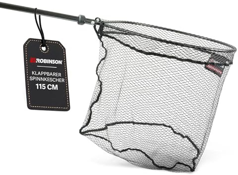 Robinson Angel Kescher gummiert | Raubfischkescher einhändig klappbar | Einhändige Klappbedienung · Platzsparendes Klappsystem · Gummiertes 10-mm-Netz, fischschonend · Schnell trocknend