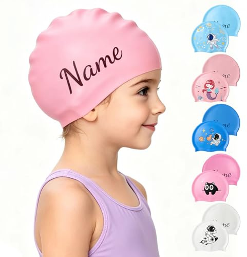 WAFMMTT Badekappe Kinder mit Namen | wasserdichte Badekappe mit Anpassbarer Text | Silikon Schwimmhaube für Mädchen mit Niedlichen Mustern (Hellrosa)