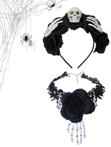 Collier Ras De Cou Gothique Choker Noir Dentelle Crâne Rose Halloween