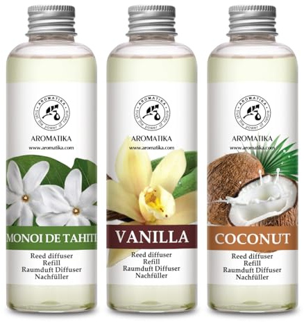 Raumduft Diffuser Nachfüller Monoi de Tahiti & Vanille & Kokos 600ml - 3x200ml - Nachfüller Set für Duftdiffusor - Reed Diffuser Refill - Raumbeduftung - Zimmerduft - Diffuser Nachfüllen - Raumluft