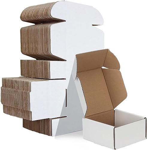 HORLIMER 50-pack 4 x 4 x 2 tum små kartonglådor för utstationering (10,2 x 10,2 x 5,1 cm), vit fraktlåda för post, korrugerade förpackningslådor för småföretag