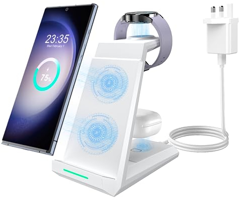 Wireless Charger for Samsung - ADADPU 3 in 1 Charging Station for Multiple Devices, Fast Charger Stand Dock for Galaxy S24 S23 S22 S21 S20 Z Flip Fold 4, Galaxy Watch 5/5 Pro/4/3, Galaxy Buds 2 Pro