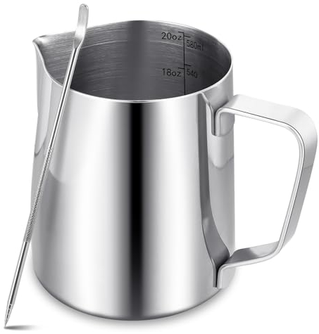 Brocca montalatte per macchina da caffè, 600 ml, in acciaio inox 304, con penna decorativa, accessori da barista per cappuccino, latte e espresso, lavabile in lavastoviglie