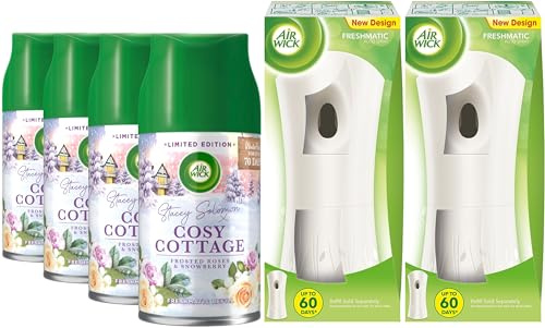 Air Wick | Freshmatic White Gadget (2 devices) + Automatic Air Freshener Spray Refill | 250ml (4 Refills) (Cosy Cottage Frosted Roses & Snowberry)