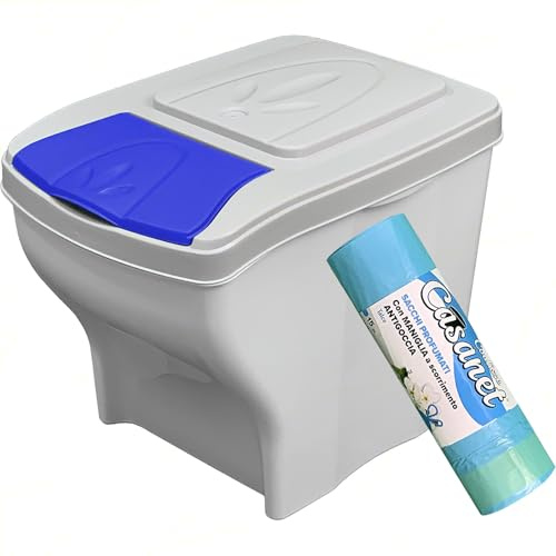 Sicignano Pattumiera Singola Raccolta Differenziata, 20 Lt, Plastica - Coperchio Colorato, Design Ondulato, Componibile, Sottolavello - Omaggio 15 Sacchetti Immondizia Profumati (Blu, 1)