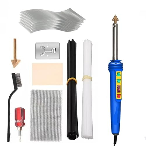 100W 2 in 1 Kunststoff Schweißen Lötkolben Reparatur Set, LCD Einstellbar Temperatur 200-600°C Lötkolben mit 40 Schweißstäbe mit 4 Lötkolbenspitze, Kunststoff Reparaturset für Autos Stoßstange (Blau)