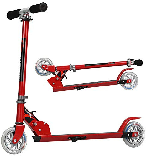 KOMFOTTEU Monopattino Bambini con 2 Ruote LED, Monopattino Bambina Pieghevole in Alluminio con Altezza Regolabile, Crico Massimo di 70 kg, Scooter Portatile per Bambini da 4 Anni+ (Rosso)